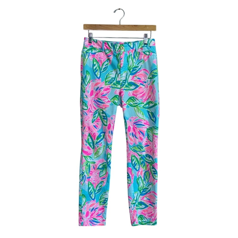 LILLY PULITZER Size 2 Skinny Ankle Pants in Vivid‎ Pink and Blue Tropical Print